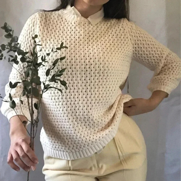 14th & Union Cream Lightweight Crochet Woven Sweater S Petite NWT - Picture 1 of 8